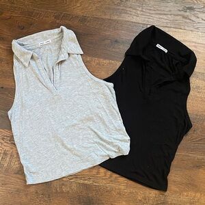Sweet Romeo Black and Gray Slightly Cropped Sleeveless Collared Tank Tops